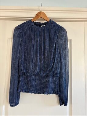 JOIE NAVY METALLIC SILVER SHEER SLEEVE TOP SIZE Medium